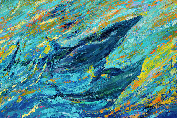 Just Off The Reef Spinner Dolphins Mother And Calf Art Print featuring the painting Just Off The Reef Spinner Dolphins Mother And Calf by Lucy P. Mctier