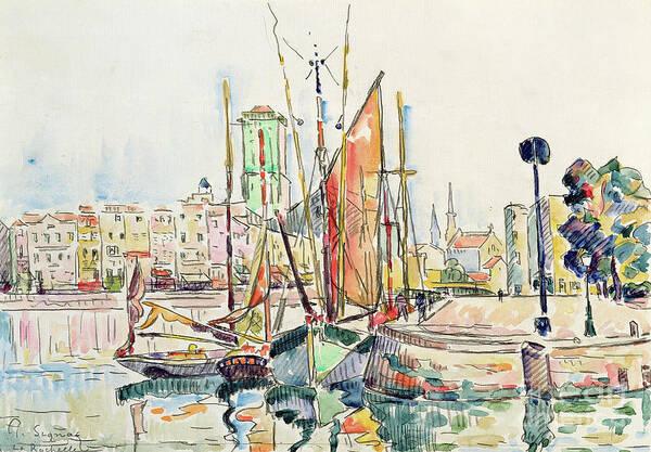 Harbor Art Print featuring the painting La Rochelle Boats and Houses by Paul Signac