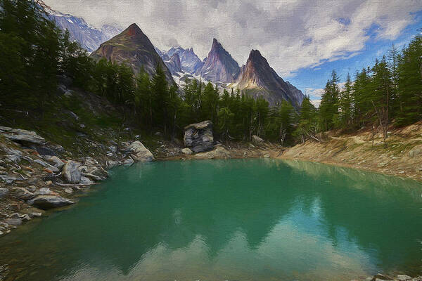 Lago Verde Art Print featuring the digital art Lake Verde in the Alps II by Jon Glaser