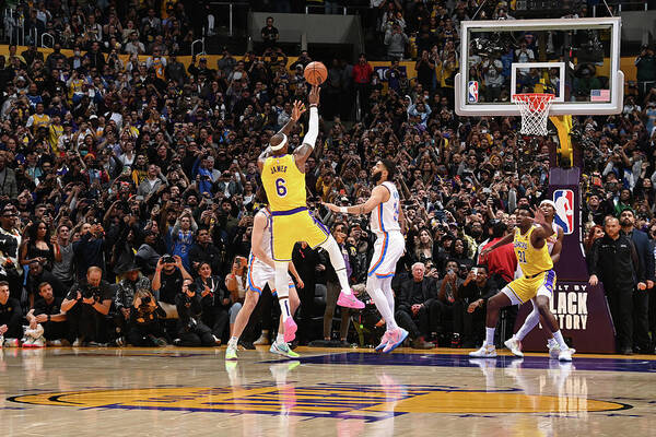 Lebron James Art Print featuring the photograph LeBron James Shoots to Break the All-Time Scoring Record by Andrew D. Bernstein