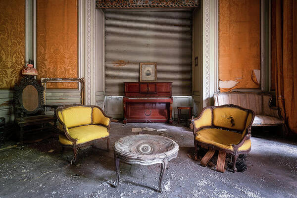 Urban Art Print featuring the photograph Living Room in Decay with Piano by Roman Robroek