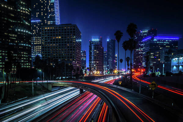 Traffic Art Print featuring the photograph Los Angeles california city downtown at night by Alex Grichenko