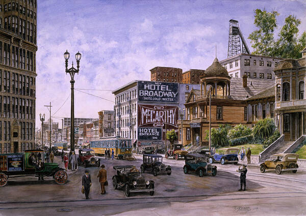 Los Angeles City Street Corner Set In Early 1900's
Vintage Art Print featuring the painting Los Angeles: Temple & Broadway by Stanton Manolakas
