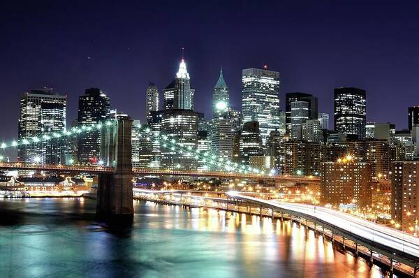 Lower Manhattan Art Print featuring the photograph Lower Manhattan At Night From The by Andrew C Mace
