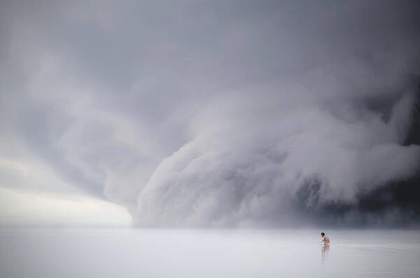 People Art Print featuring the photograph Man In A Lake, Dramatic Sky, Supercell by Rudolf Vlcek