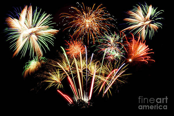 Fireworks Art Print featuring the photograph Many firework explosions in the sky by Simon Bratt