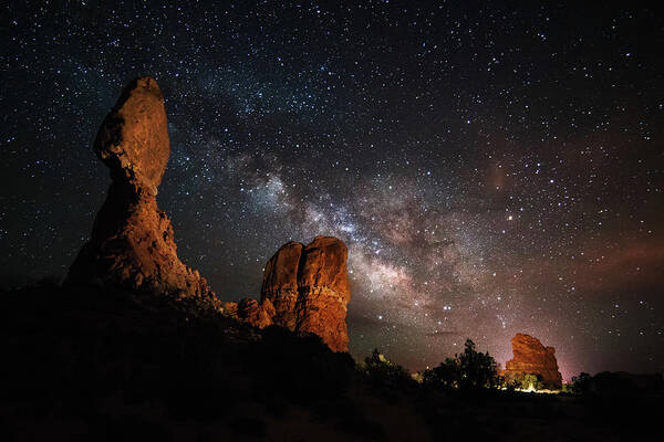 Tranquility Art Print featuring the photograph Milky Way Suspension At Balanced Rock by Mike Berenson / Colorado Captures