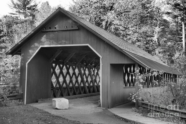 Creamery Covered Bridge Art Print featuring the photograph MIsty Afternoon At The Creamery Covered Bridge Black And White by Adam Jewell