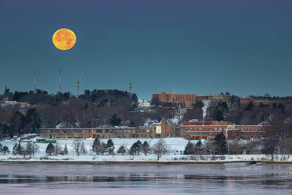 Maine Art Print featuring the photograph Moon over Cheverus HS by Colin Chase
