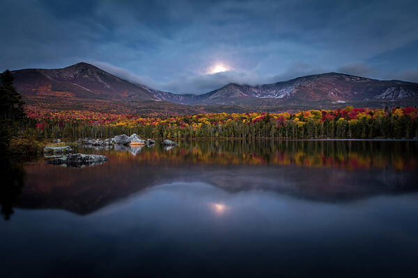 Maine Art Print featuring the photograph Moon Set at Sandy Stream Pond, Baxter State Park by Colin Chase