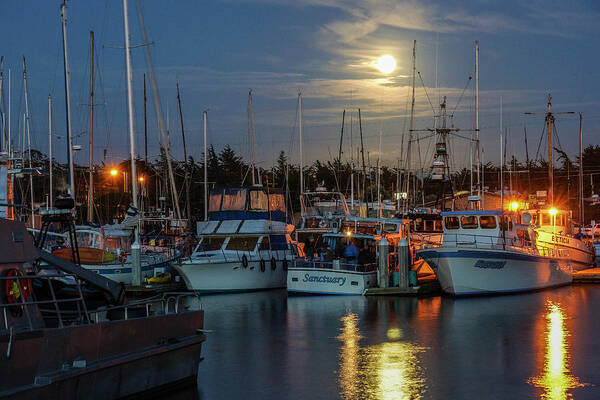 Momnterey Bay Art Print featuring the photograph Moonrise over Moss Landing Harbor by Donald Pash