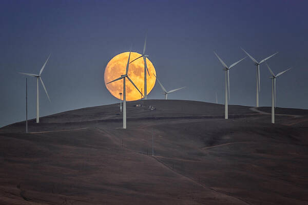  Art Print featuring the photograph Moonrise Over Windmills by Bill Wang