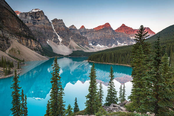 Landscapes Art Print featuring the photograph Moraine Lake, Morning Atmosphere by Robert Haasmann