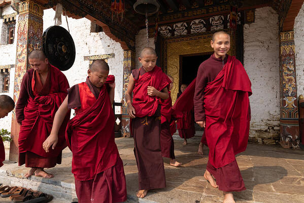 Bhutan Art Print featuring the photograph Morning Devotion: Monks Leaving The Prayer Hall At Chorten Ningpo Monastery by Rudy Mareel