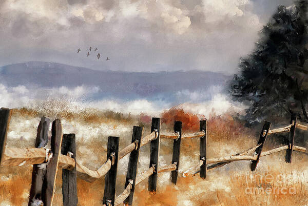 Autumn Art Print featuring the digital art Morning Mists In The Mountains by Lois Bryan
