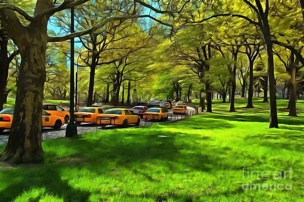 New York; Ny; N.y.; Nyc; Central Park; Manhattan; Usa; U.s.a.; North America; American; Park; City; Traffic; Morning; Taxi; Taxis; Cab; Cabs; Traffic Jam; Car; Cars; Transportation; Urban; Landscape; Road; Trees; Travel; Paint; Paints; Painting; Paintings Art Print featuring the painting Morning traffic through Central Park by George Atsametakis