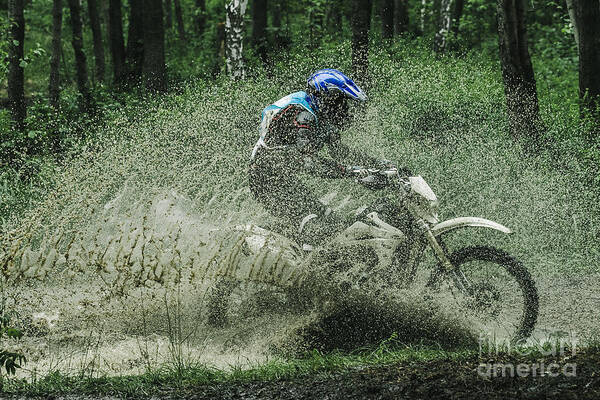 Puddle Art Print featuring the photograph Motocross Driver Under The Spray Of Mud by Sportpoint