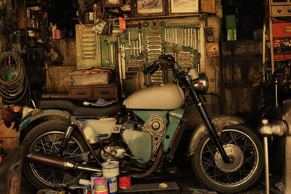 Damaged Art Print featuring the photograph Motorcycle In An Auto Repair Shop by Win-initiative/neleman