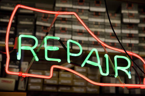 Retail Art Print featuring the photograph Neon Shoe Repair Sign by Frederick Bass