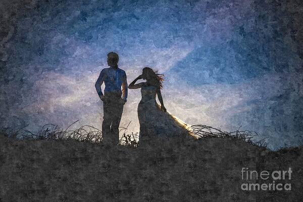Adult Art Print featuring the photograph Newlywed couple after their wedding at sunset, digital art oil p by Joaquin Corbalan