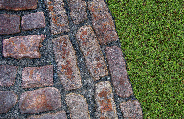 Old Montreal Cobblestones And Grass 01 Art Print featuring the photograph Old Montreal Cobblestones And Grass 01 by Tina Lavoie