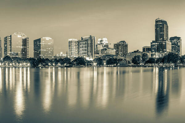 America Art Print featuring the photograph Orlando Florida Skyline Reflections on Lake Eola - Sepia Edition by Gregory Ballos