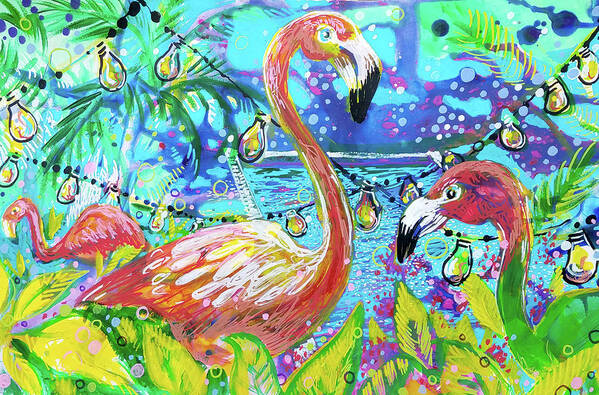 Flamingo Art Print featuring the painting Outdoor flamingo party by Tilly Strauss