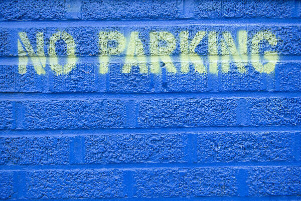 Built Structure Art Print featuring the photograph Painted Blue Brick Wall With No Parking by John Nordell
