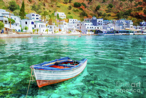 Greece Art Print featuring the painting Scenic village of Loutro, Crete by Delphimages Photo Creations