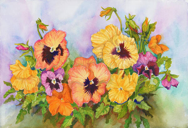 Flowers Art Print featuring the painting Pansies In A Blue Sky by Joanne Porter