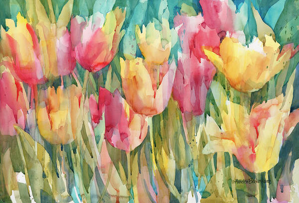 Flowers Art Print featuring the painting Pastel Tulips by Annelein Beukenkamp