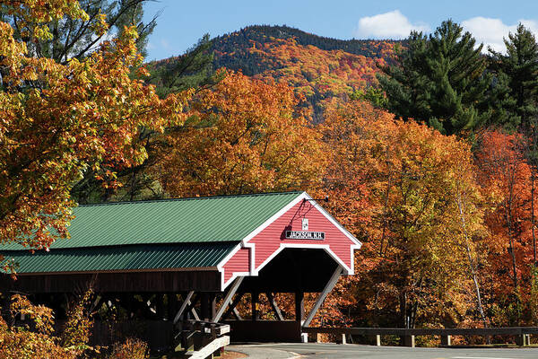 Jackson Nh Art Print featuring the photograph Peak fall colors over the Jackson Covered Bridge by Jeff Folger