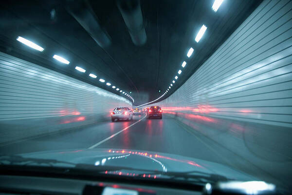 Car Interior Art Print featuring the photograph Point Of View Out Front Of Car In Tunnel by Grant Faint
