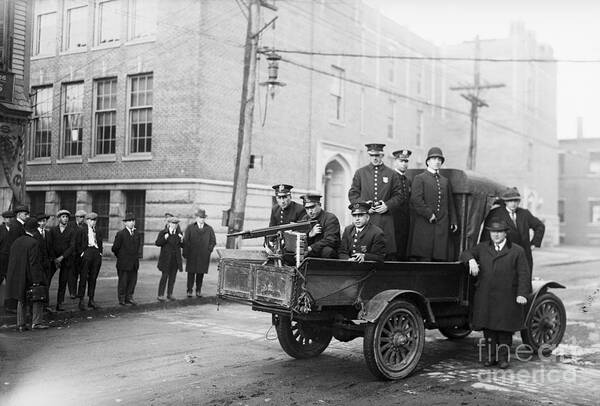 Employment And Labor Art Print featuring the photograph Police Patrol With Machine Gun On Truck by Bettmann