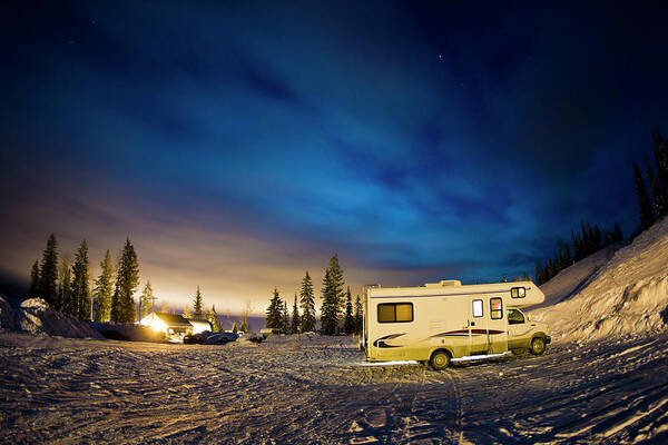 Camping Art Print featuring the photograph Recreational Vehicle Parked On Hillside by Gonzalo Manera
