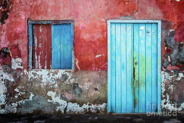 Wall Art Print featuring the photograph Red, blue and grey wall, door and window by Lyl Dil Creations