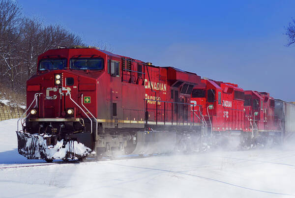 Locomotive Art Print featuring the photograph Red Locomotive Winter Scene by Sandra J's