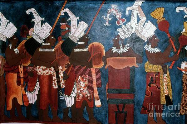 Servant Art Print featuring the painting Reproduction Of A Mural Showing Servants And Musicians During A Ceremony, From The Temple Of Murals, Bonampak by Mayan