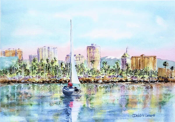 Long Beach California Art Print featuring the painting Sailing into Downtown Long Beach by Debbie Lewis