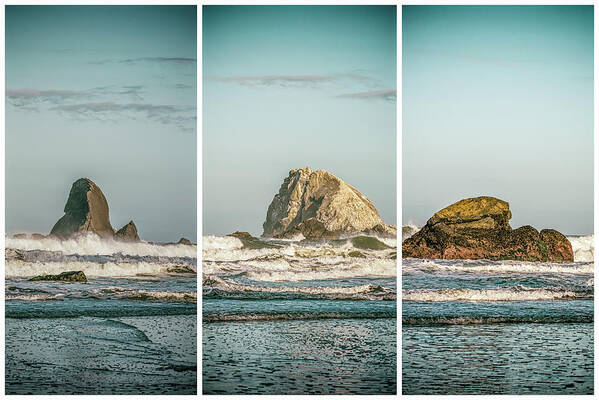 Sea Stacks Northern California Triptych Art Print featuring the photograph Sea Stacks Northern California Triptych by Joseph S Giacalone