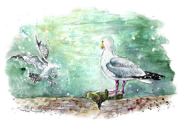 Travel Art Print featuring the painting Seagulls In Porthleven by Miki De Goodaboom