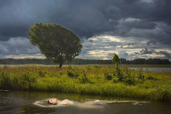 Active Art Print featuring the photograph Seductive Naked Girl In The Lake by Anton Belovodchenko