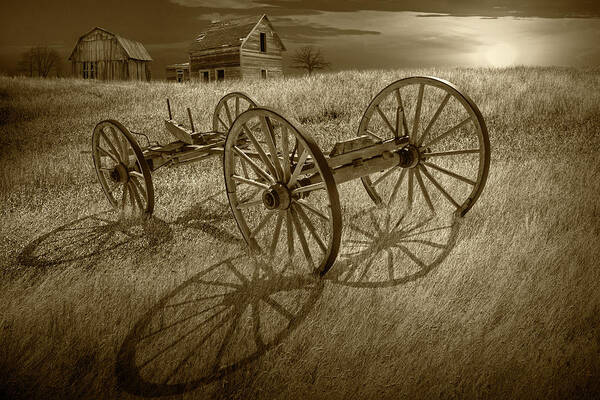 Farm Art Print featuring the photograph Sepia Tone Photograph of a Farm Wagon Chassis in a Grassy Field by Randall Nyhof