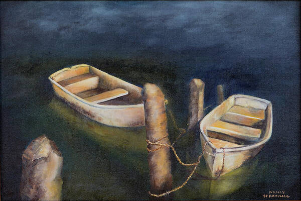 Dinghy Art Print featuring the painting Serenity by Nancy Strahinic