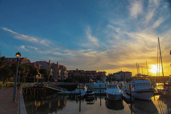 Shelter Cove Art Print featuring the photograph Shelter Cove Marina Sunset in March by Dennis Schmidt