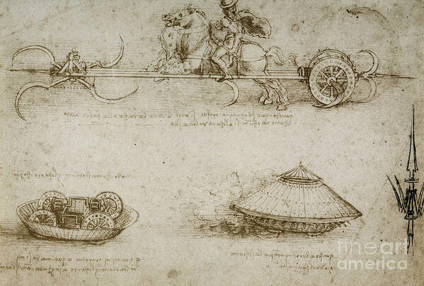 Manuscript Art Print featuring the drawing Sickle tank by Leonardo Da Vinci
