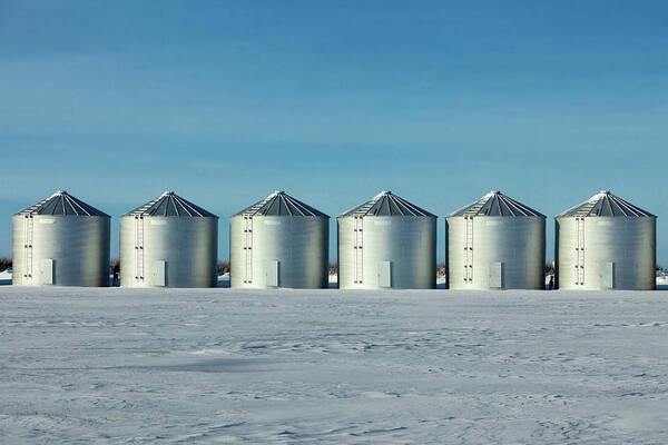 Grain Bins Art Print featuring the photograph Six Bins in a Row by Todd Klassy