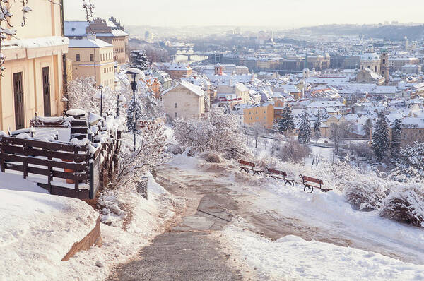Jenny Rainbow Fine Art Photography Art Print featuring the photograph Snowy Prague. Lesser Town Panorama by Jenny Rainbow