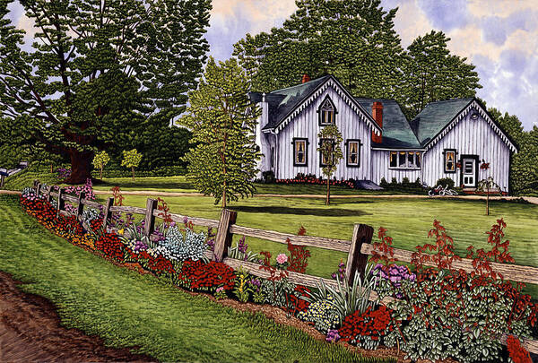 Flowers Lining Fence In Front Of House Art Print featuring the painting Split Rail Fence by Thelma Winter
