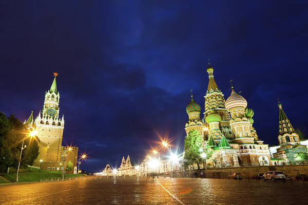 Red Square Art Print featuring the photograph St. Bashils Cathedral And Kremlin by Damir Karan